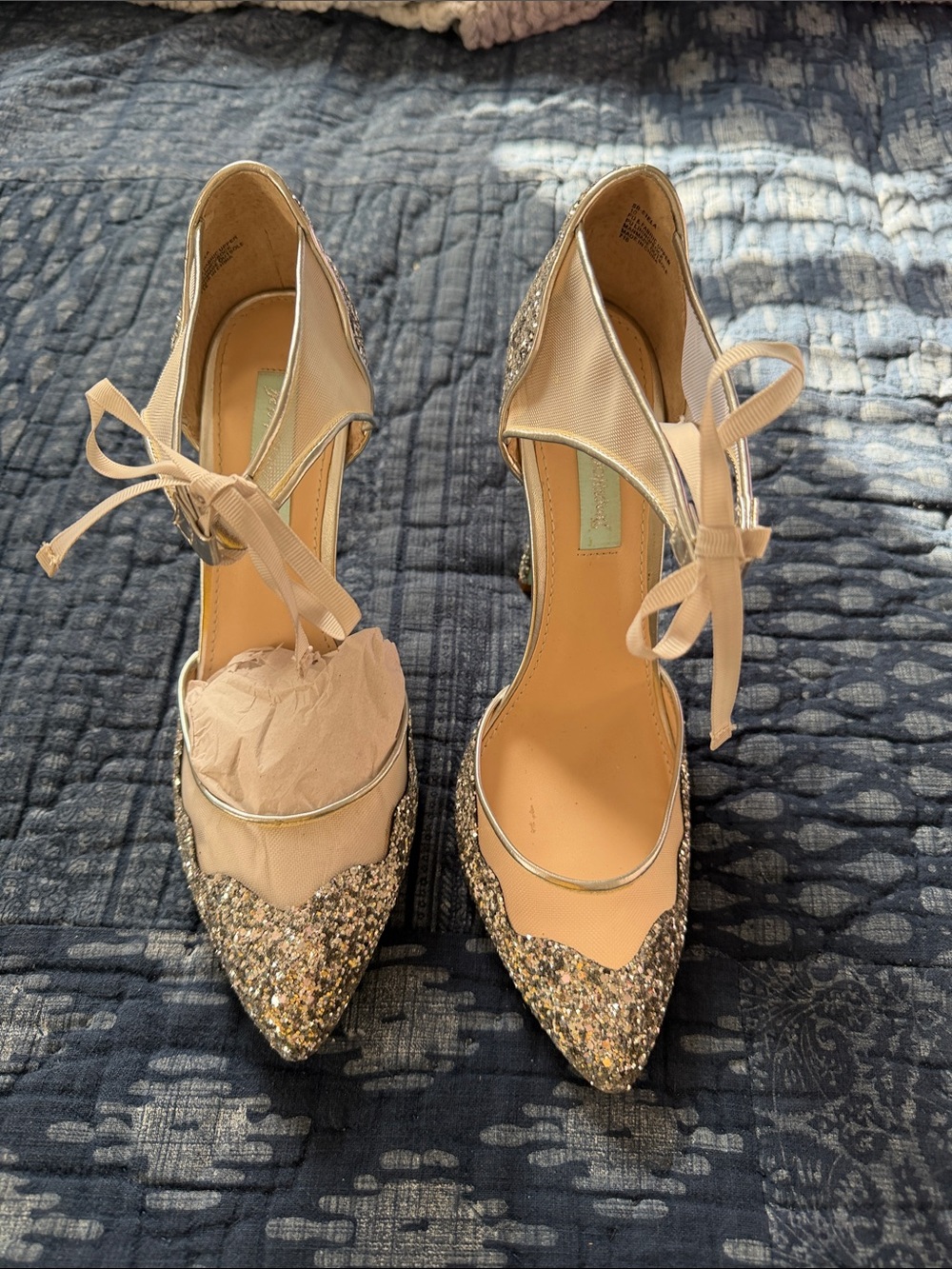 Betsey Johnson Silver Glitter Pointed-Toe Ankle Tie Pumps